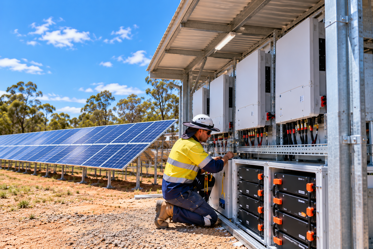 Technician Servicing Solar Battery Array